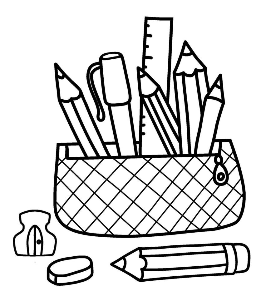 School pencil case with pencils, pens, ruler and sharpener with eraser. Outline hand drawn doodle. Stationery, school accessories, educational items. illustration. vector