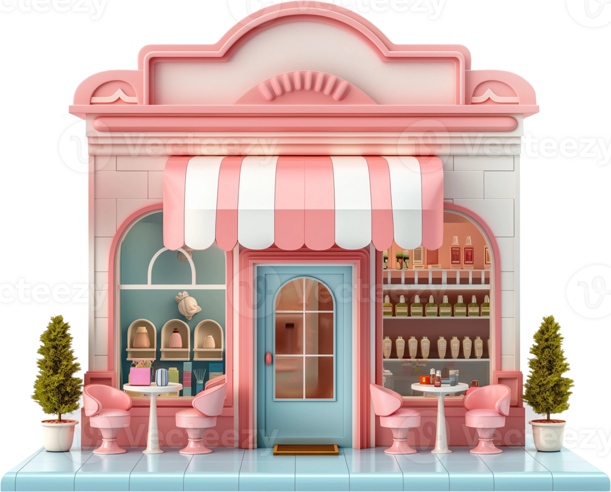 a pink and white cafe with a pink awning png