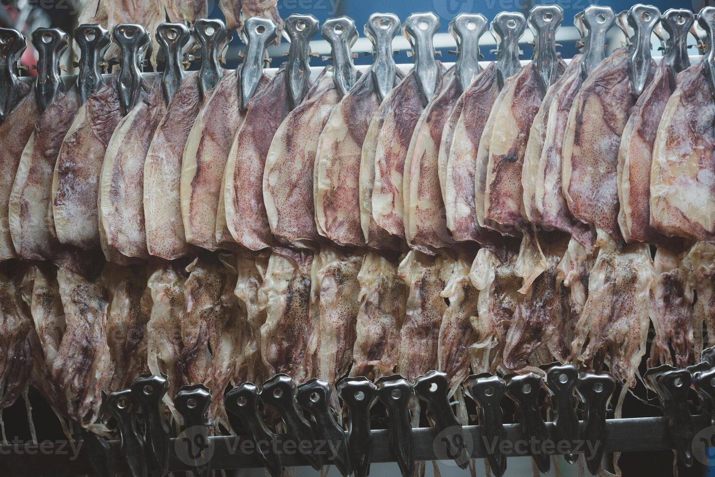 Dried squid Hanging on the rail to wait for the grill. photo