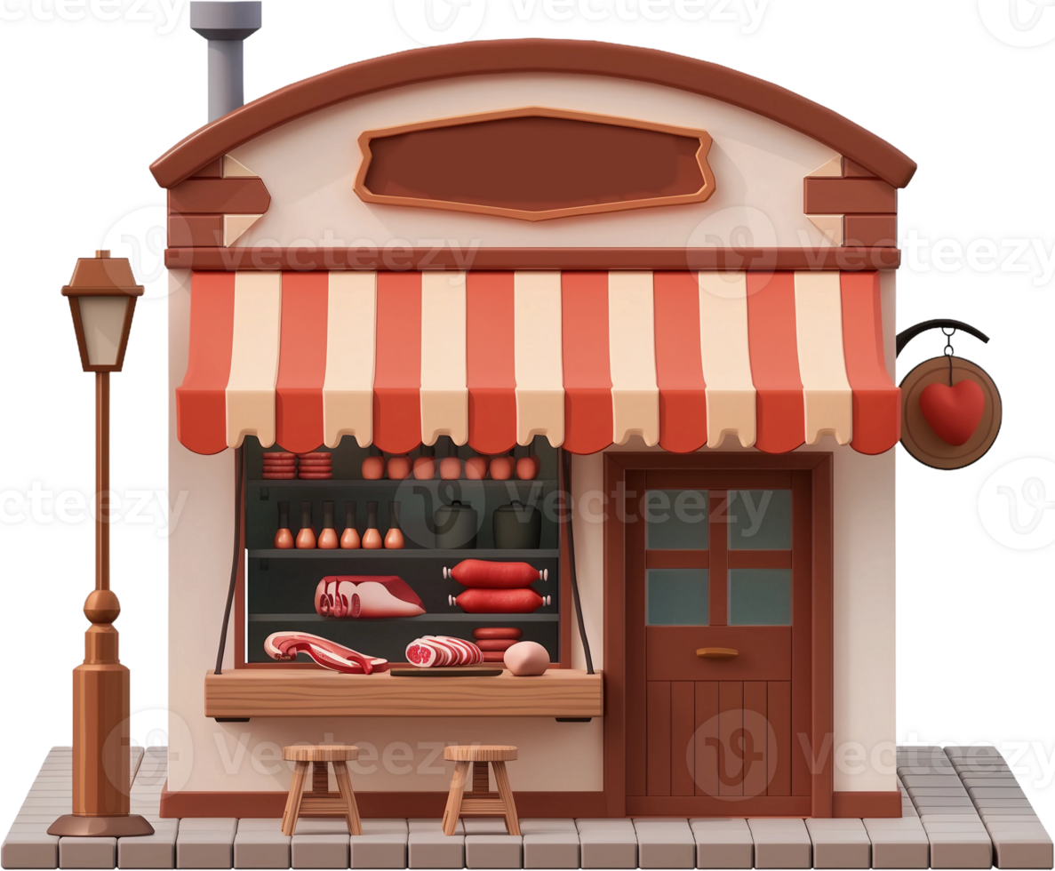 a small shop with a red awning and a table png