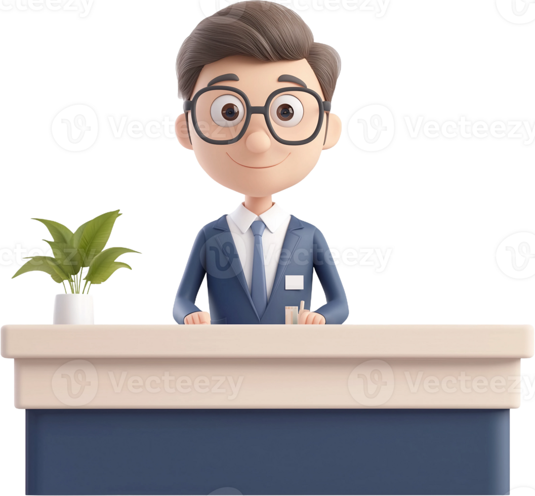 3d cartoon man in suit and glasses at the reception desk png