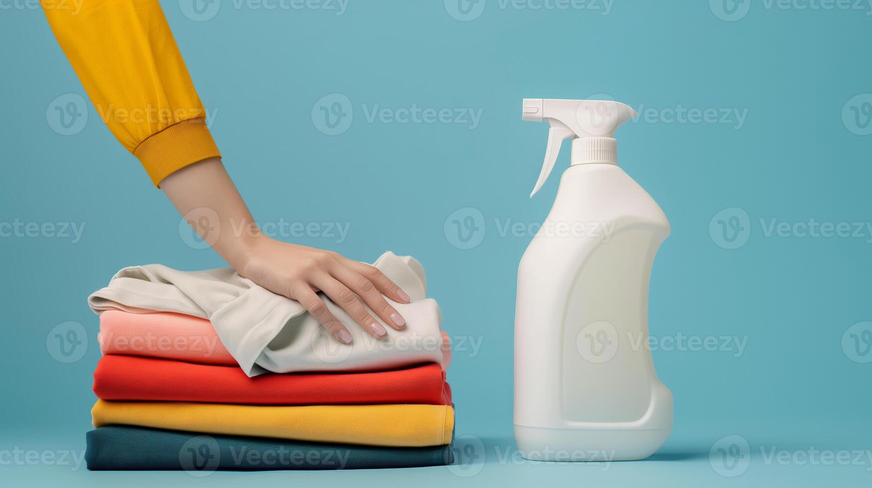 A white laundry detergent bottle, next to it there are hands of a woman placing a folded shirt. photo