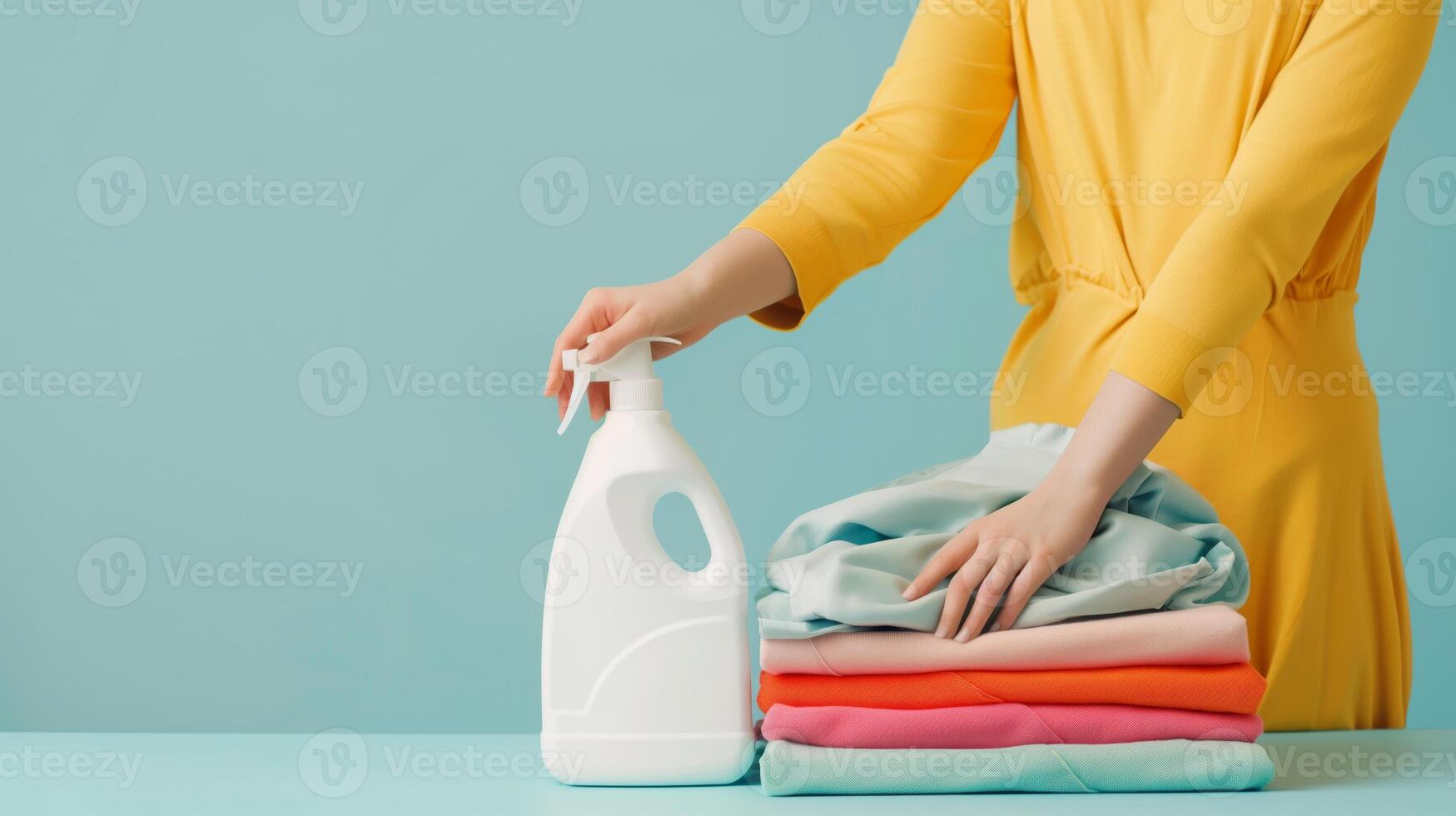 A white laundry detergent bottle, next to it there are hands of a woman placing a folded shirt. photo