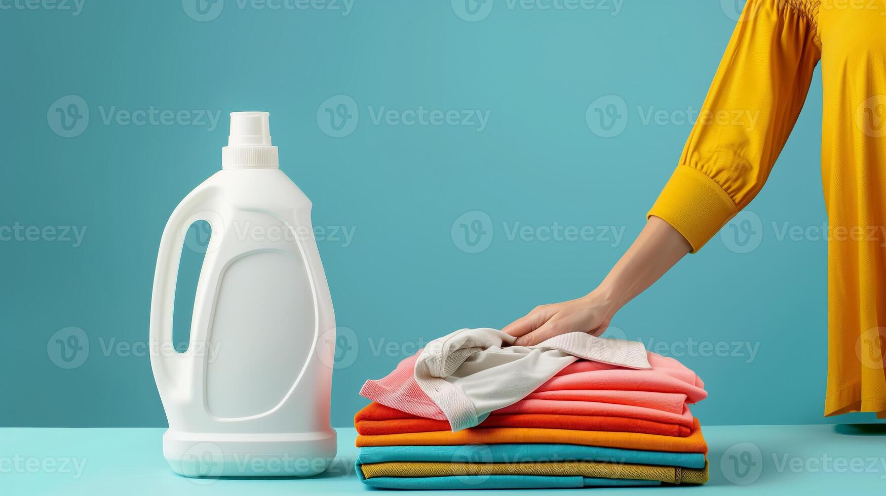 A white laundry detergent bottle, next to it there are hands of a woman placing a folded shirt. photo