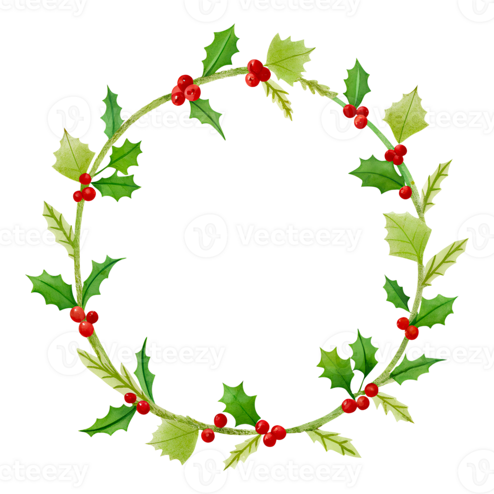 A wreath of holly berries and leaves on a transparent background, the wreath is decorated with red berries and green leaves, for use on a Christmas theme png