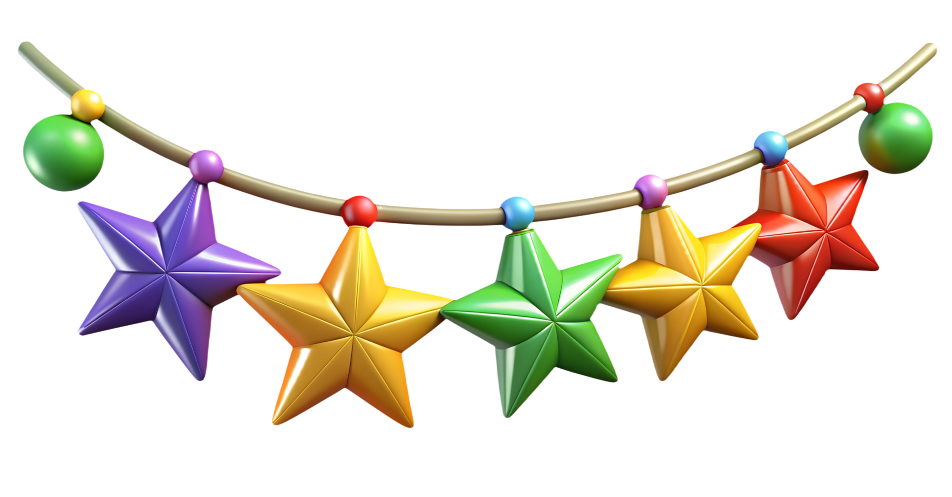 Christmas multicolored stars suspended on a string, festive decoration, on an isolated transparent background png