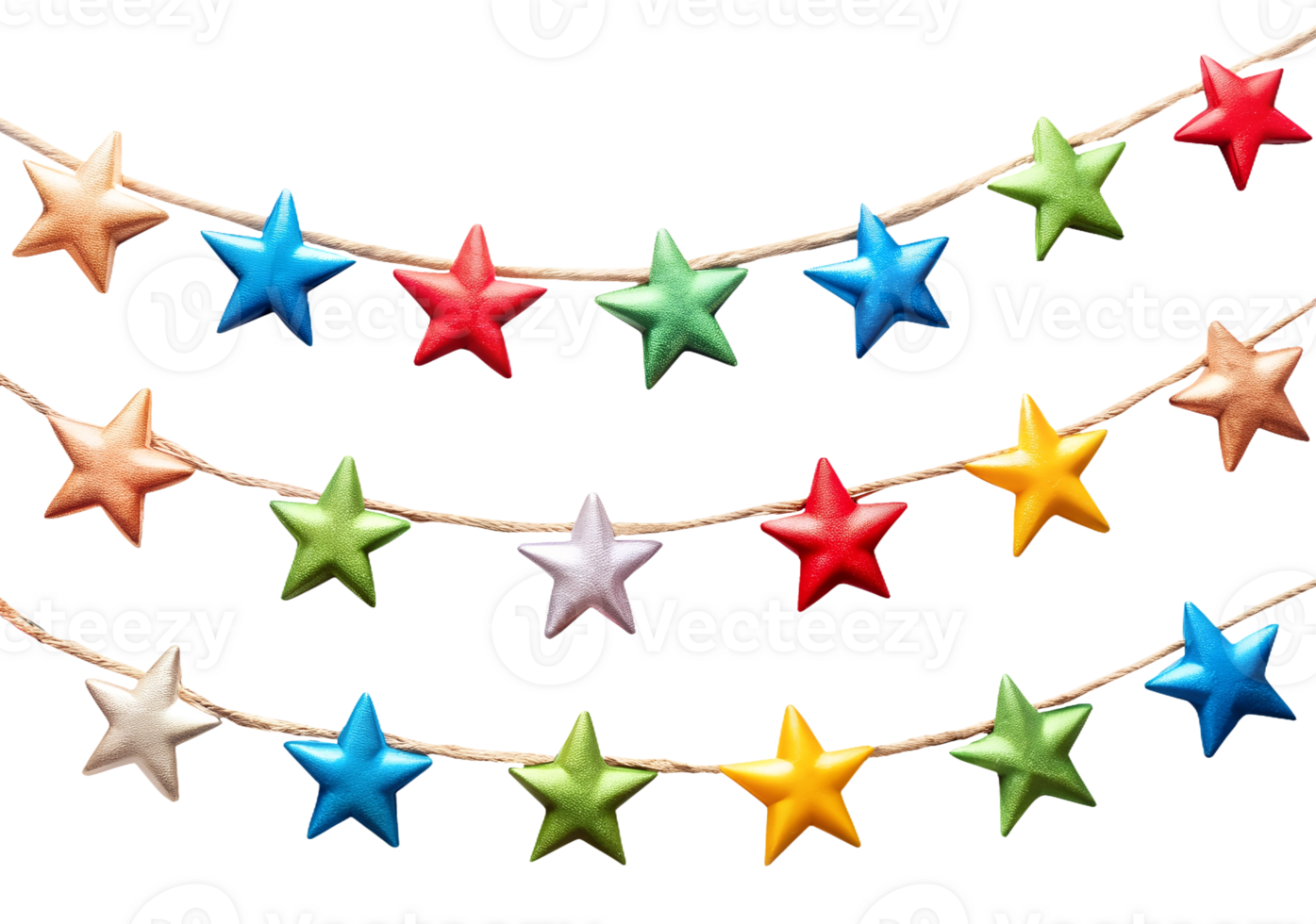 Christmas multicolored stars suspended on a string, festive decoration, on an isolated transparent background png