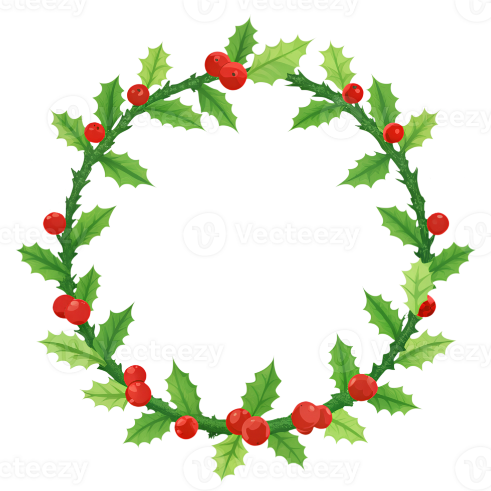 Christmas wreath made of holly, on an isolated transparent background for use in graphic design on the theme of Christmas png