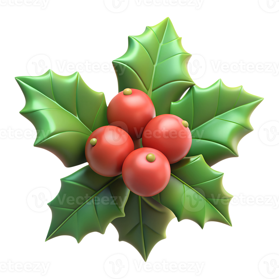 Christmas 3d holly with red berries and green leaves on a transparent background, for use in a Christmas theme png