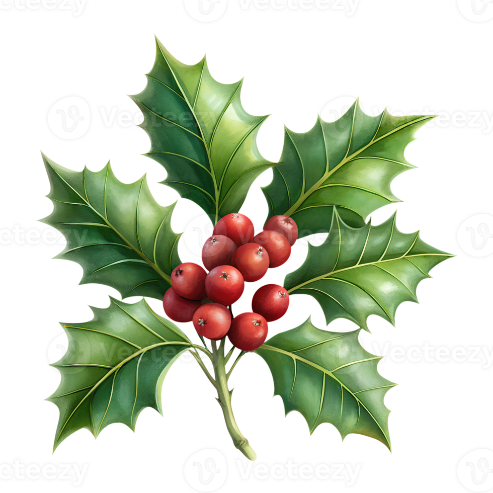 Christmas holly with red berries and green leaves on a transparent background, for use in a Christmas theme png