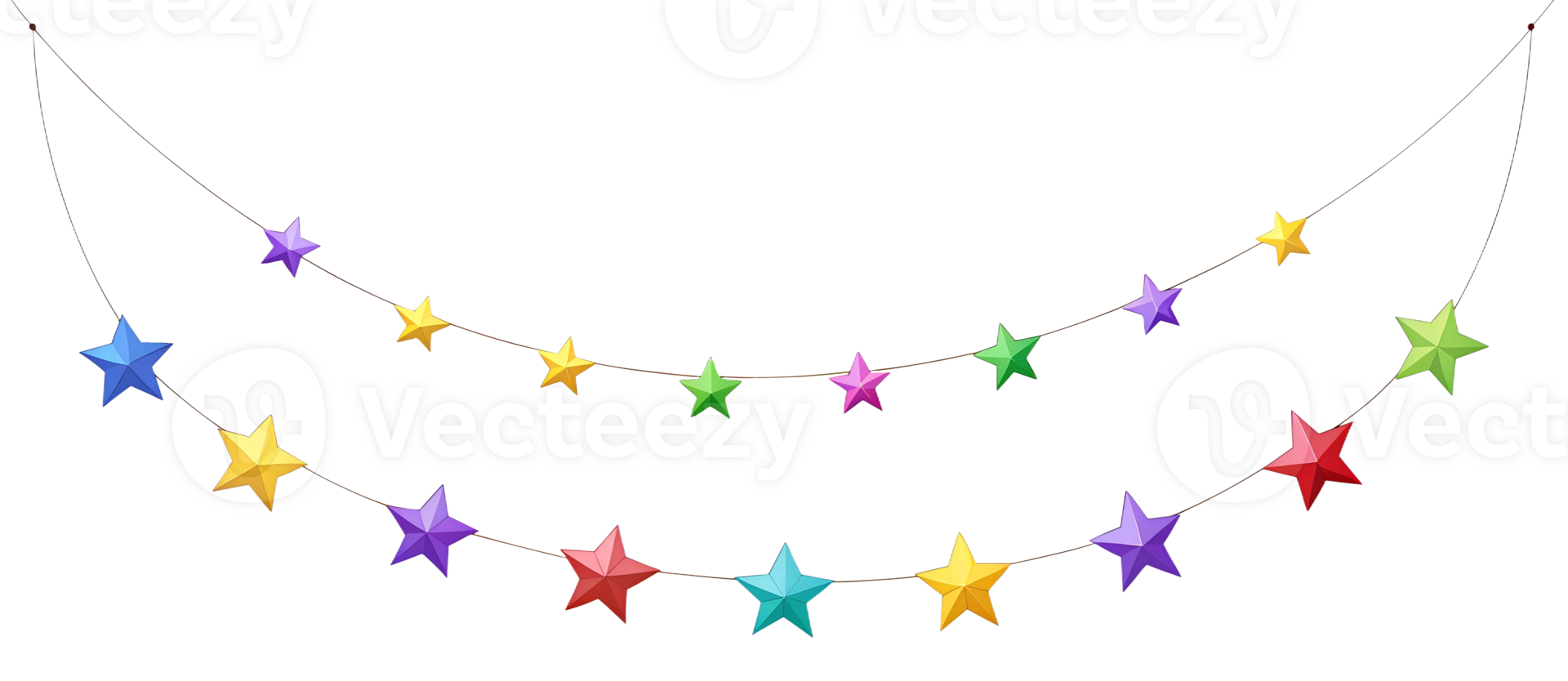 Christmas multicolored stars suspended on a string, festive decoration, on an isolated transparent background png