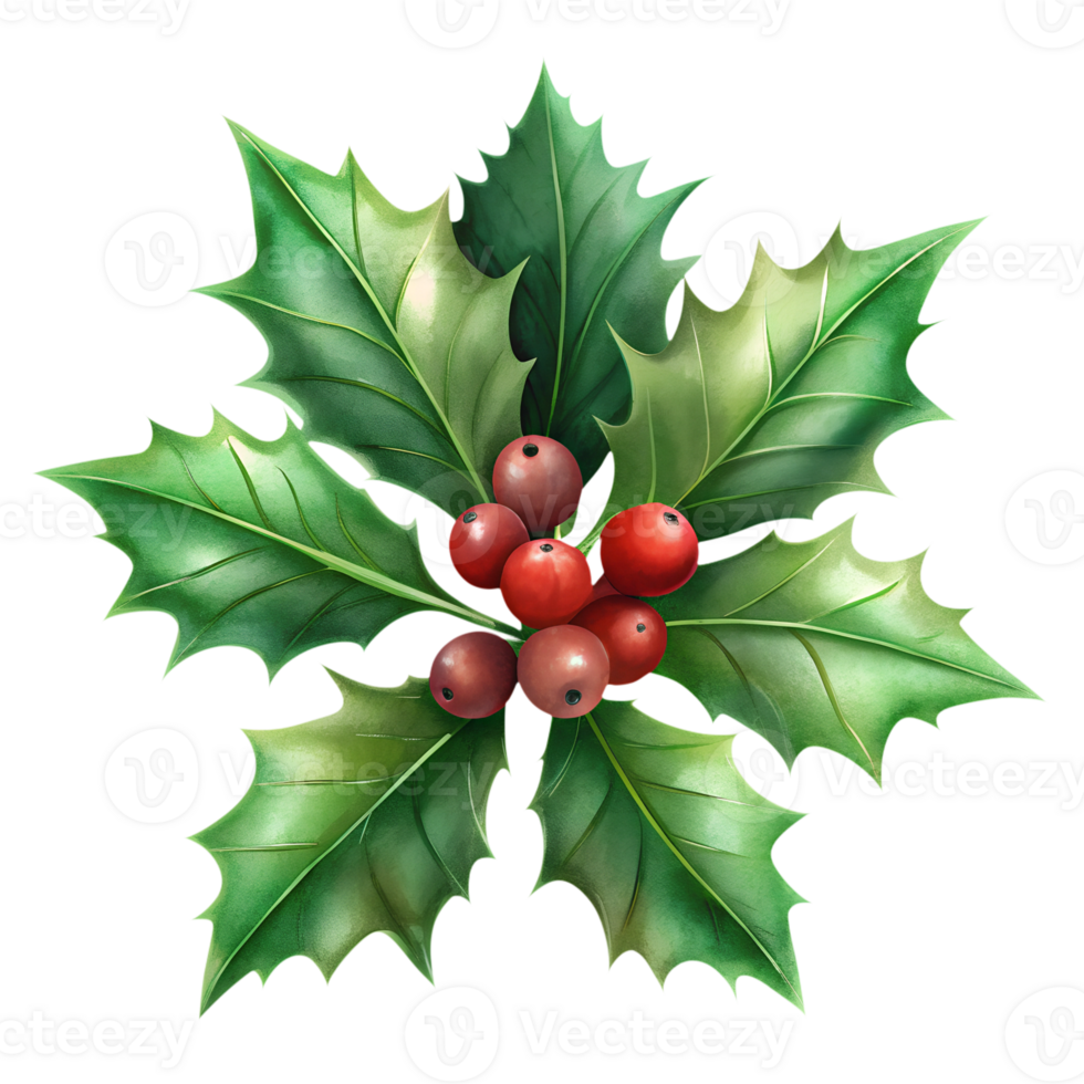 Christmas holly with red berries and green leaves on a transparent background, for use in a Christmas theme png