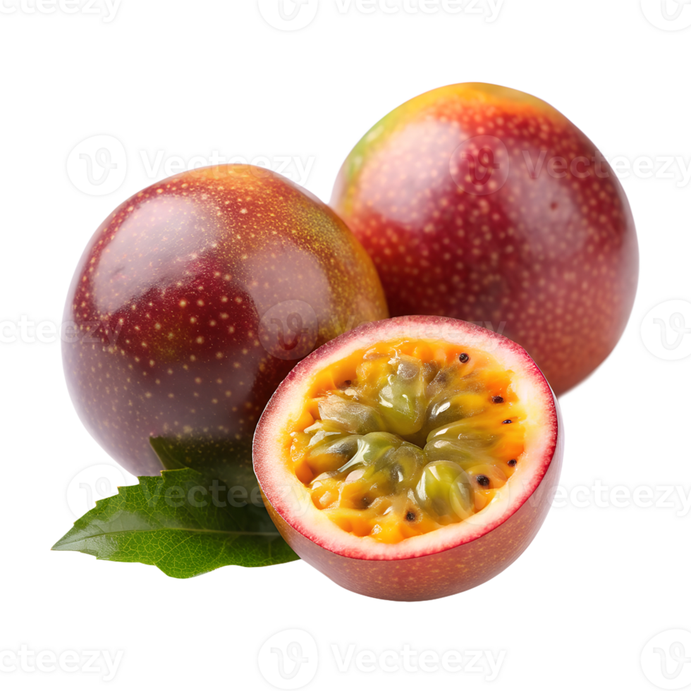 Passion fruit on a transparent background, one of the fruits is cut in half png
