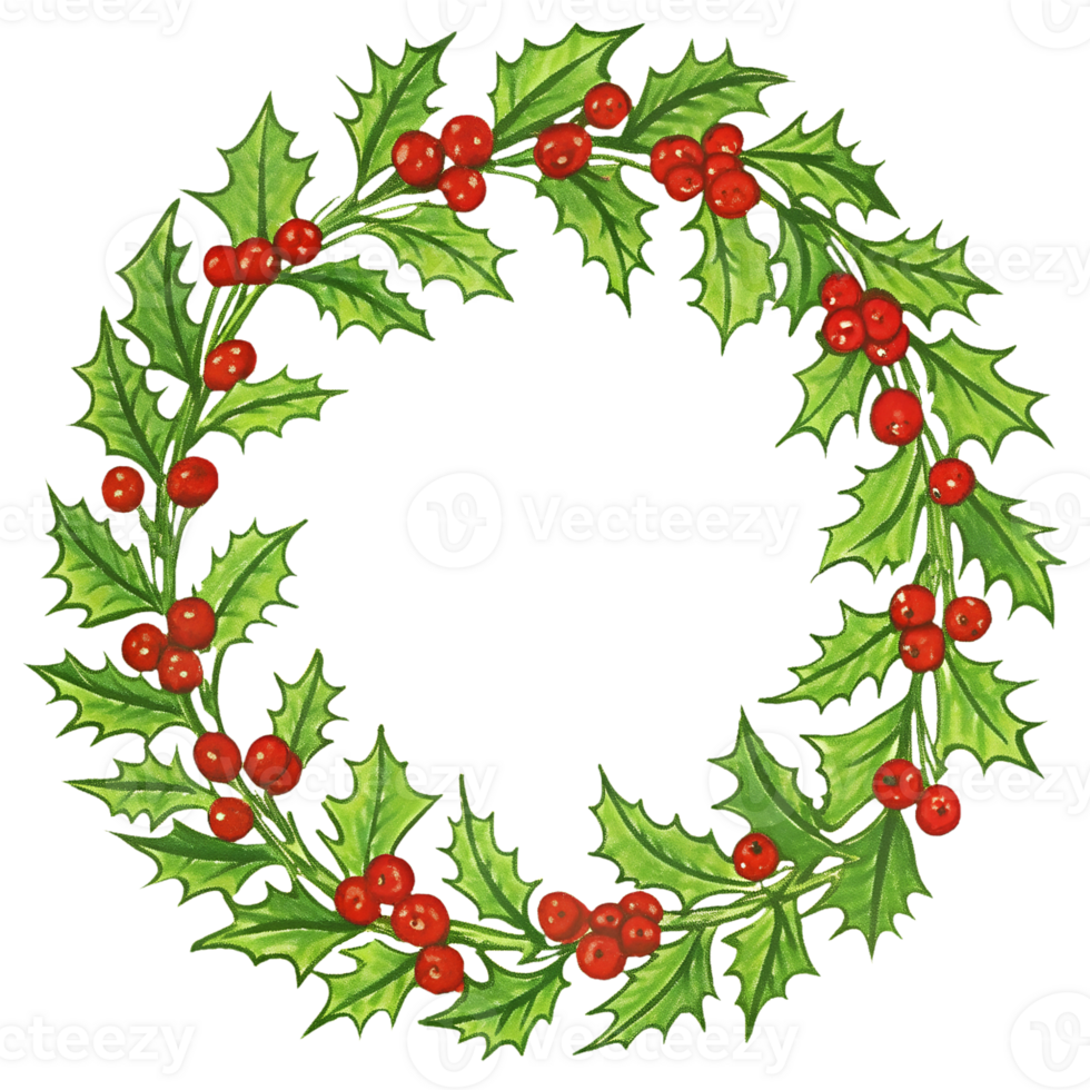 Christmas wreath made of holly, on an isolated transparent background for use in graphic design on the theme of Christmas png