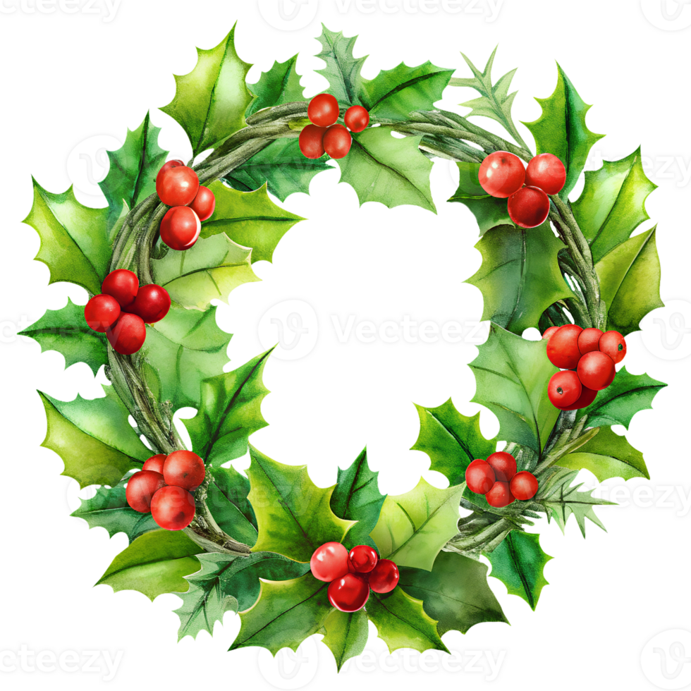 Christmas wreath made of holly, on an isolated transparent background for use in graphic design on the theme of Christmas png