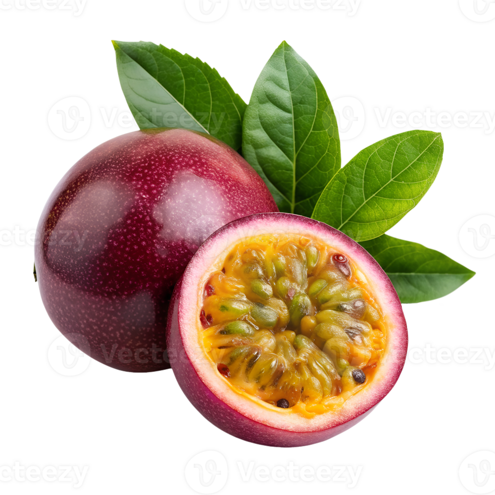 Passion fruit on a transparent background, one of the fruits is cut in half png