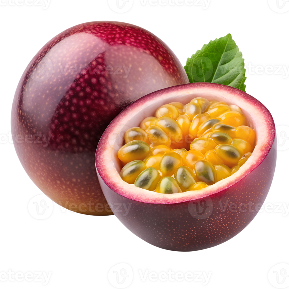 Passion fruit on a transparent background, one of the fruits is cut in half png