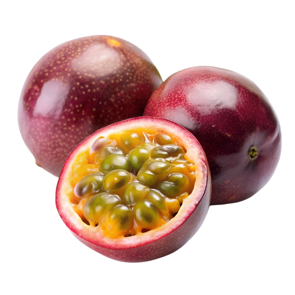 Passion fruit on a transparent background, one of the fruits is cut in half png