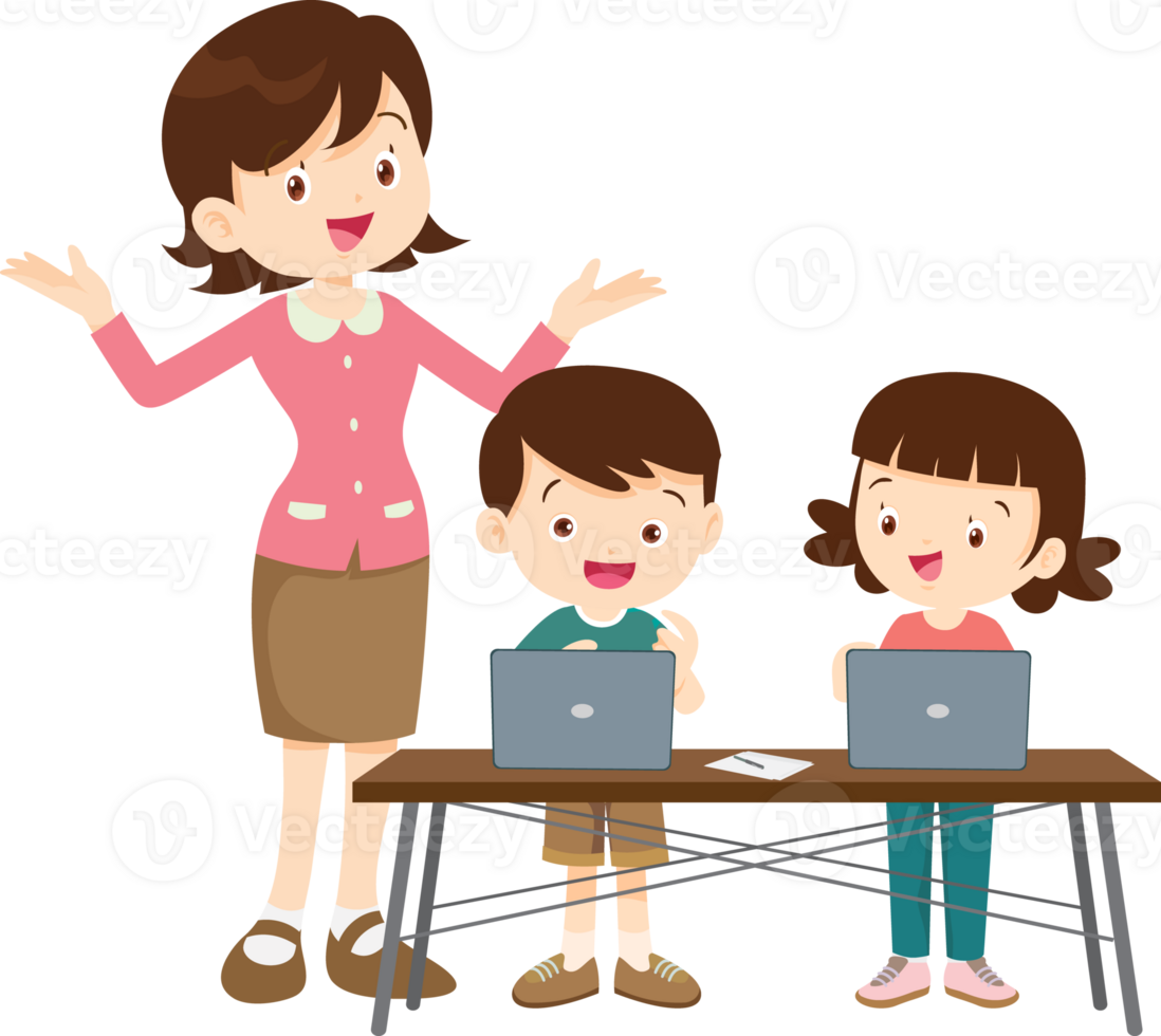 happy teacher and student learning computer png
