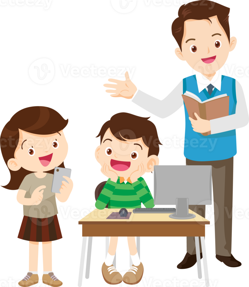 happy teacher and student learning computer png