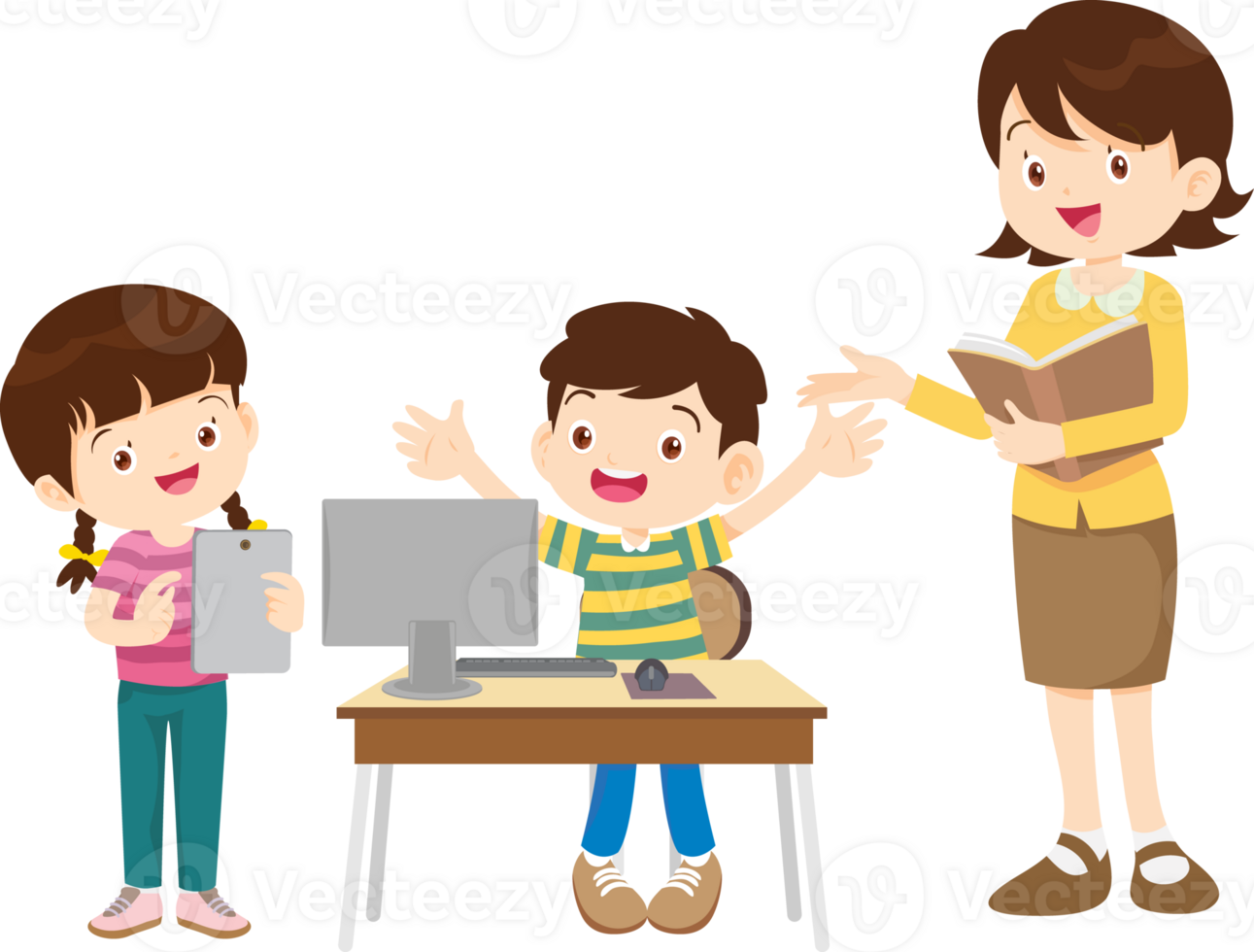 happy teacher and student learning computer png