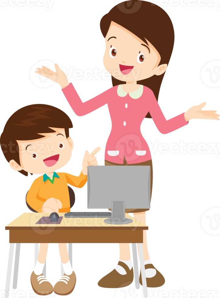 happy teacher and student learning computer png
