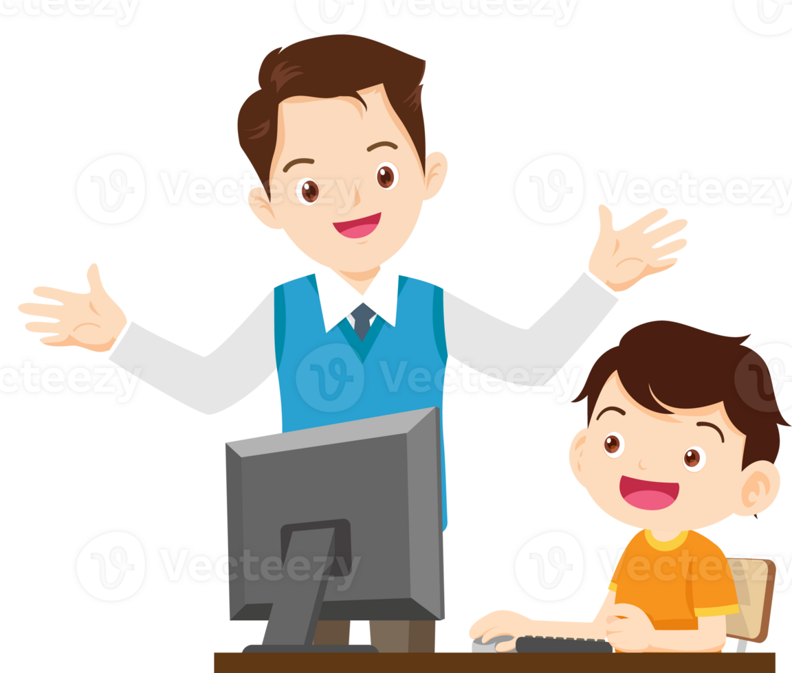happy teacher and student learning computer png