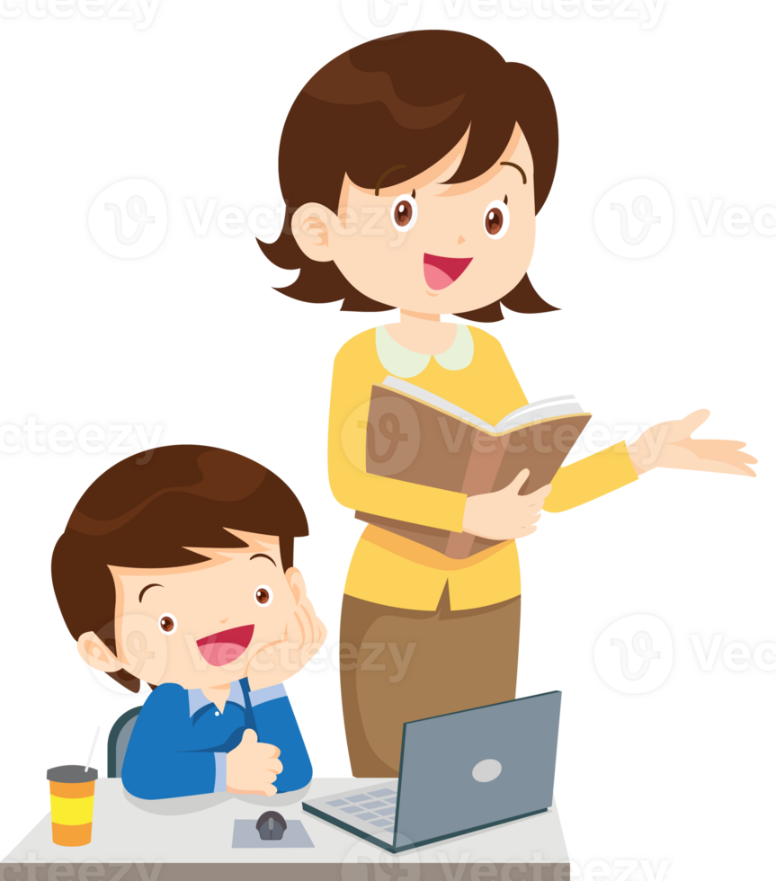 happy teacher and student learning computer png