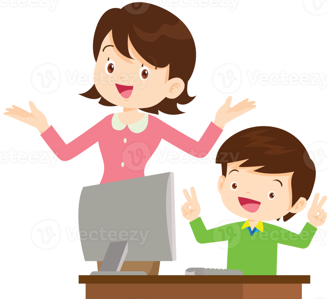 happy teacher and student learning computer png
