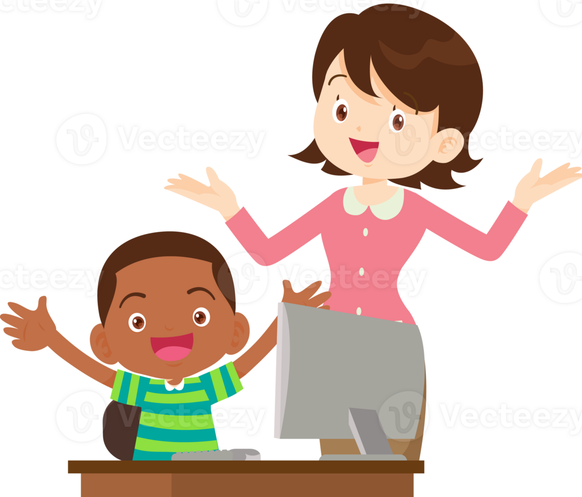 happy teacher and student learning computer png