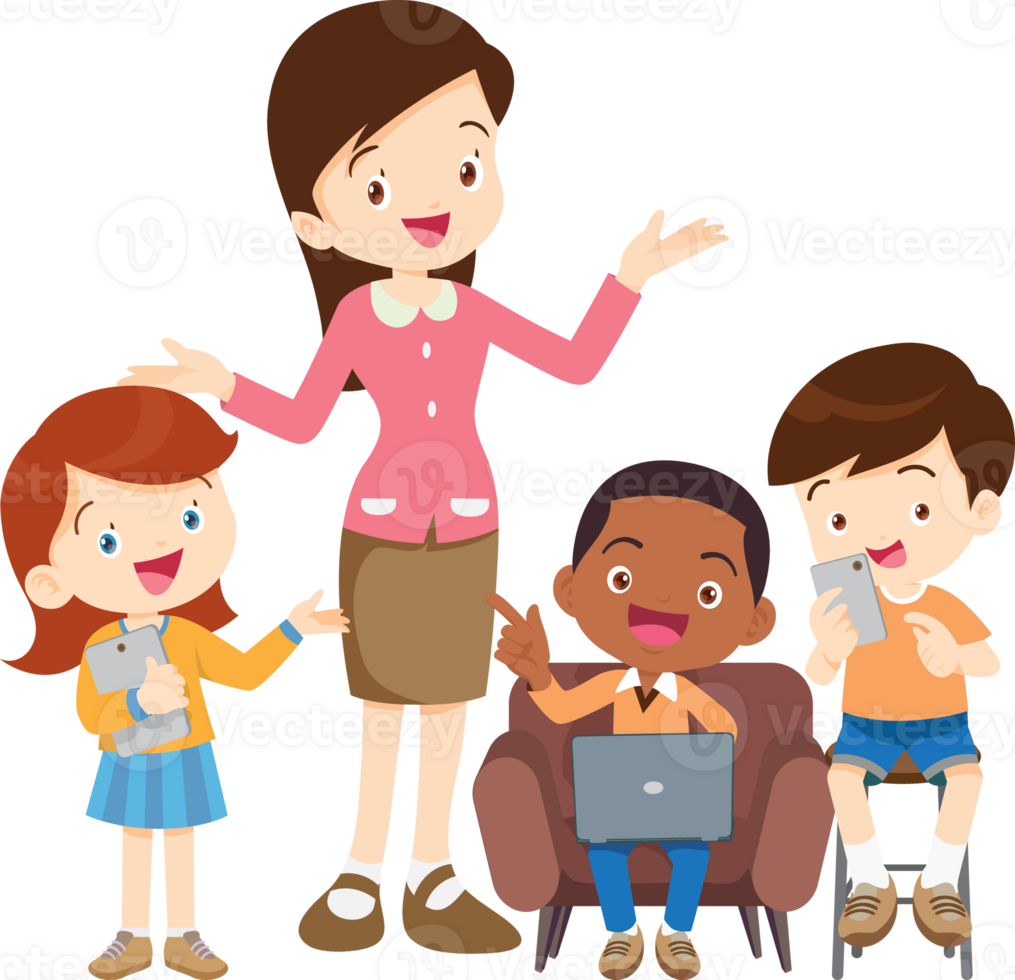 happy teacher and student learning computer png