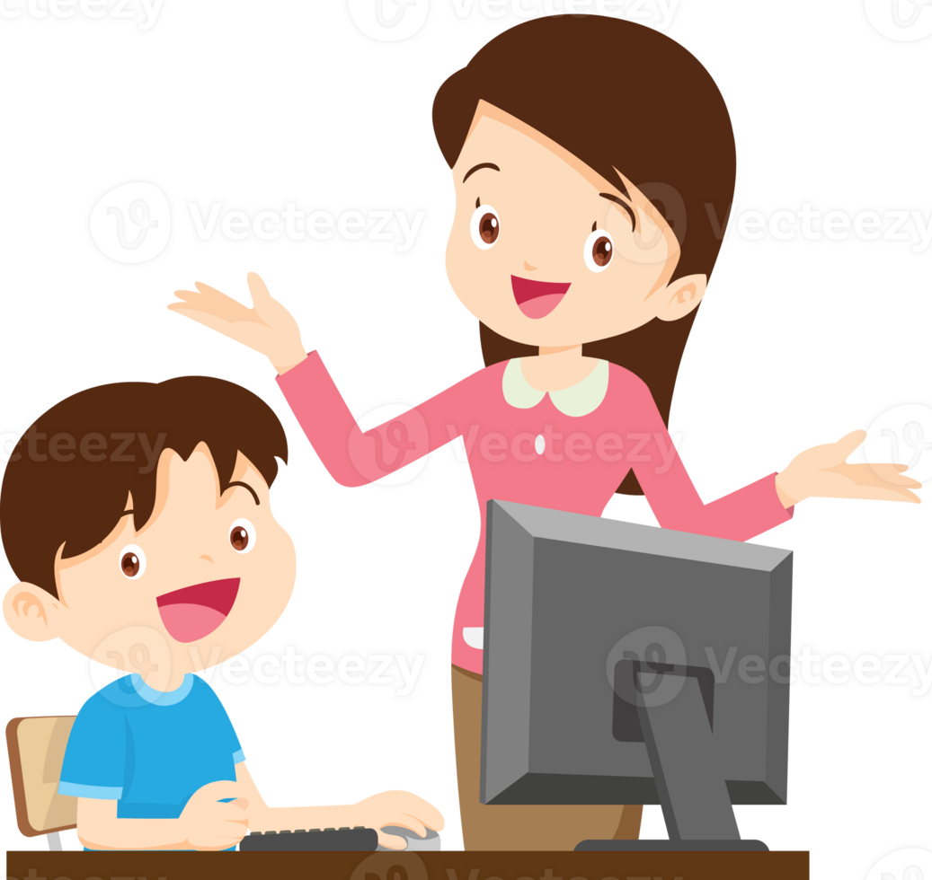 happy teacher and student learning computer png