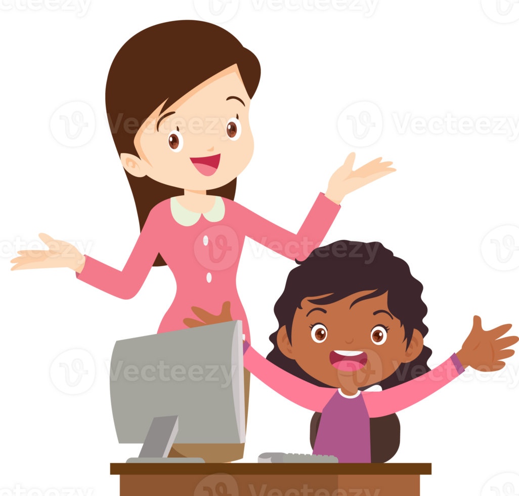 happy teacher and student learning computer png