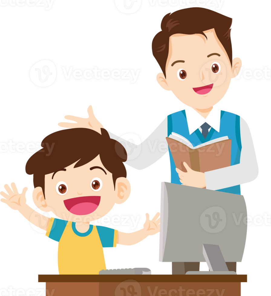 happy teacher and student learning computer png