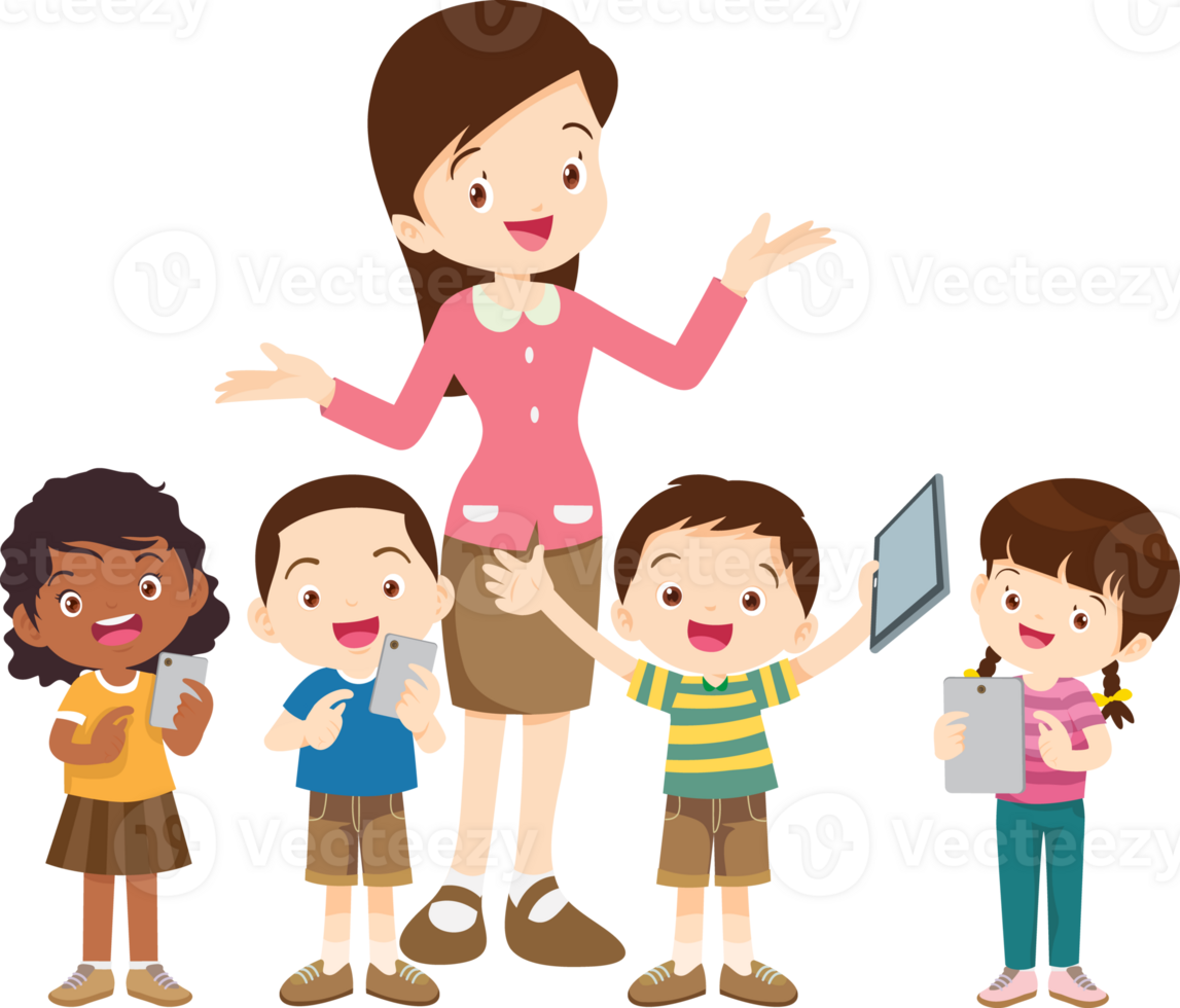 happy teacher and student learning computer png