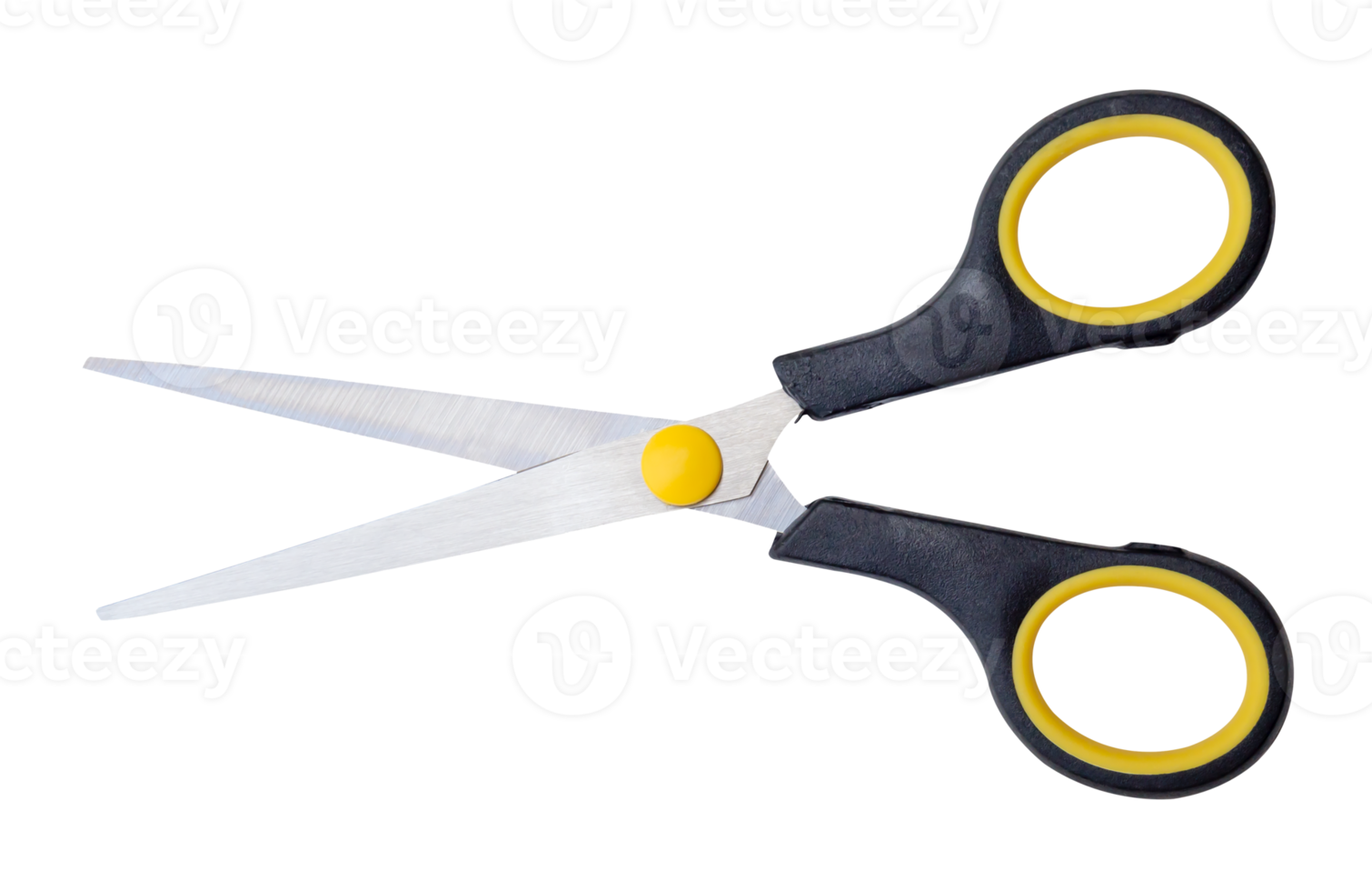 Top view of pair of multipurpose scissors with black and yellow handle isolated in file format png