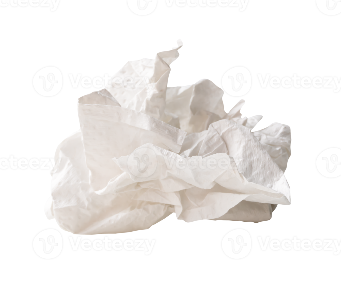 Side view of white crumpled tissue paper ball after use isolated with clipping path in file format png