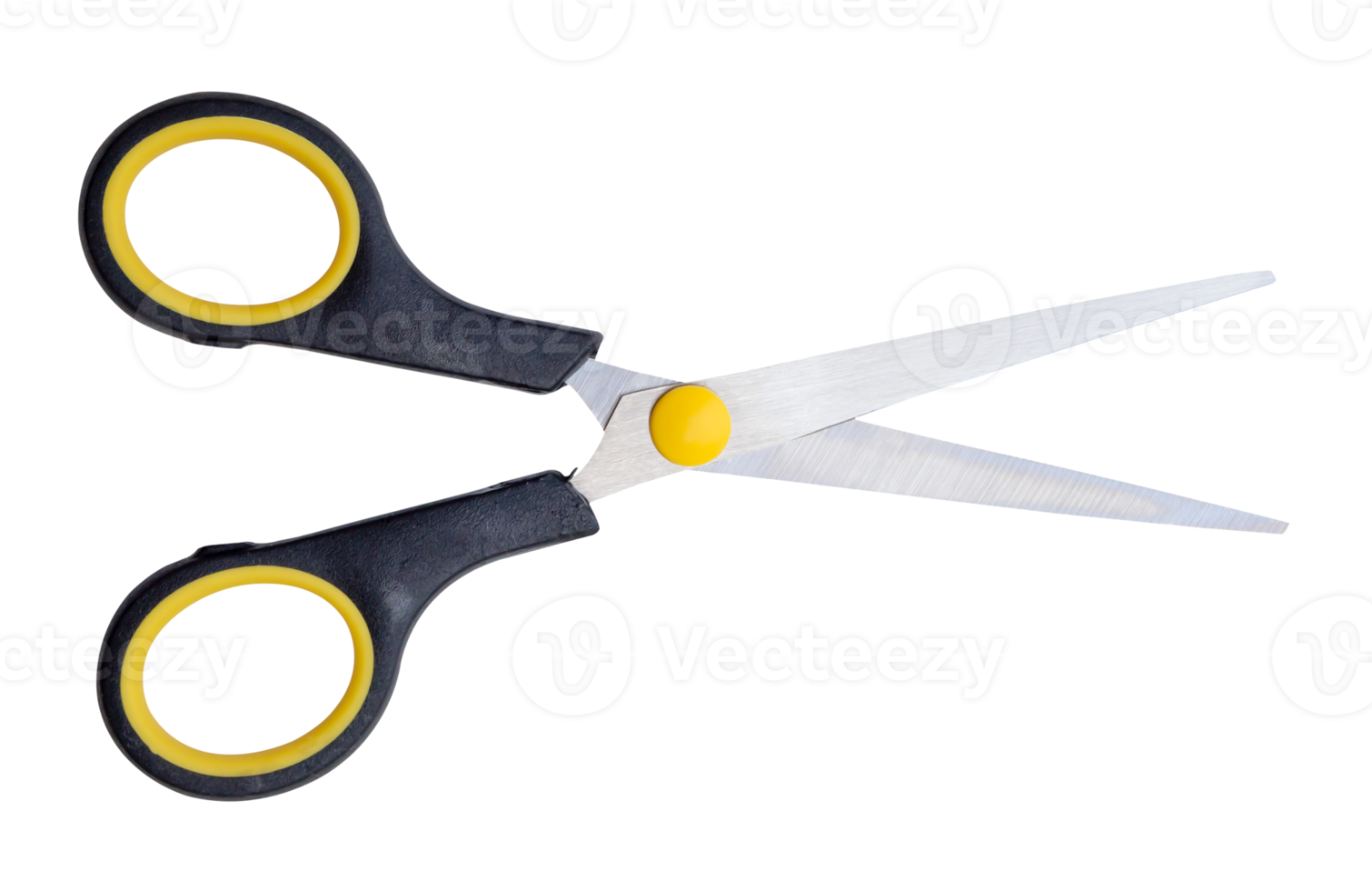 Top view of pair of multipurpose scissors with black and yellow handle isolated in file format png
