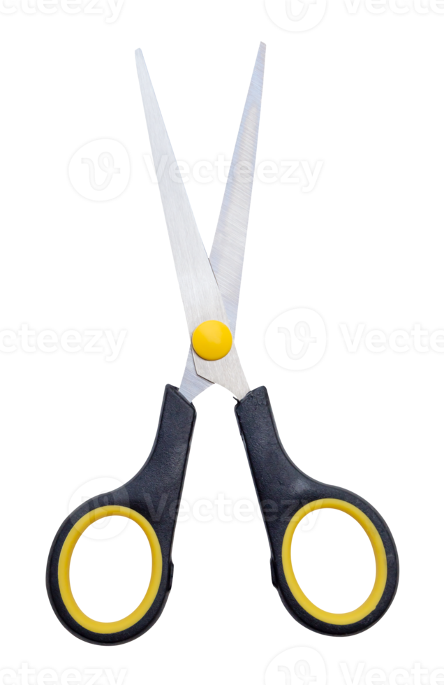 Top view of pair of multipurpose scissors with black and yellow handle isolated in file format png