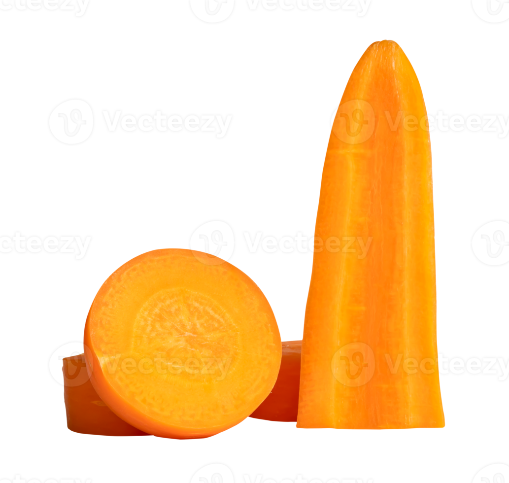 Front view of orange carrot slices or pieces in stack isolated in file format png