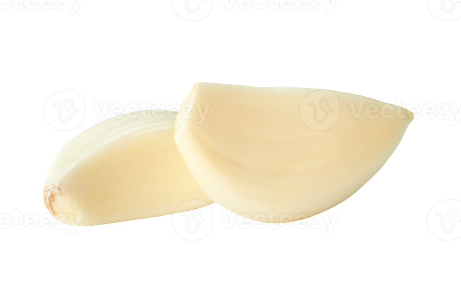 Front view of peeled white garlic cloves in stack isolated with clipping path in file format png
