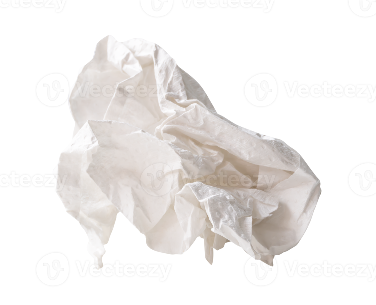 Front view of single white screwed or crumpled tissue paper ball isolated with clipping path in file format png