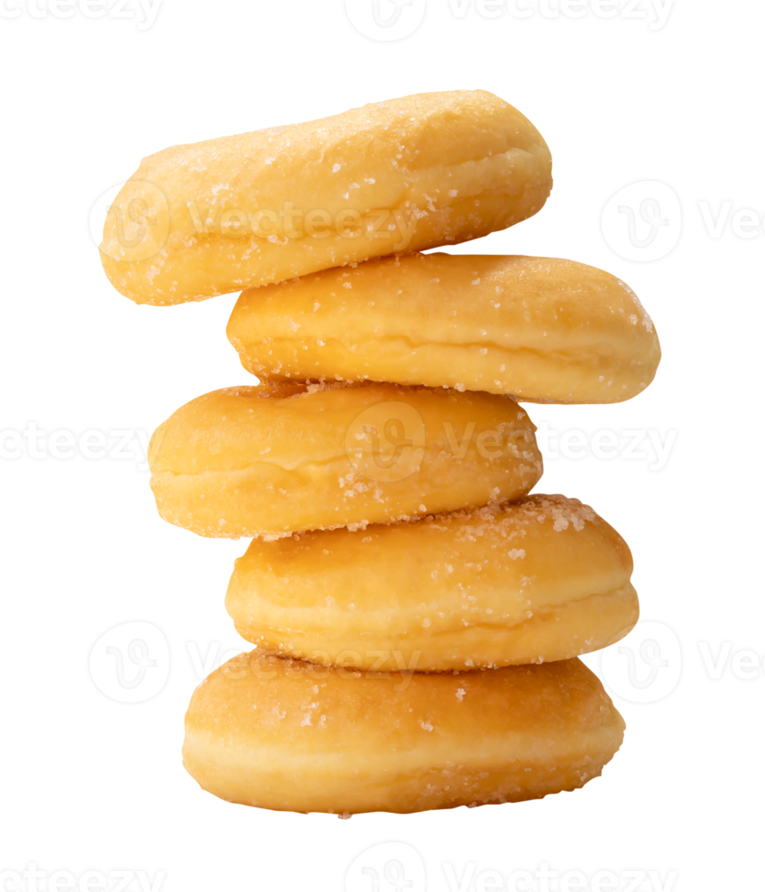 Front view of sugar cinnamon donuts in stack isolated with clipping path in file format png
