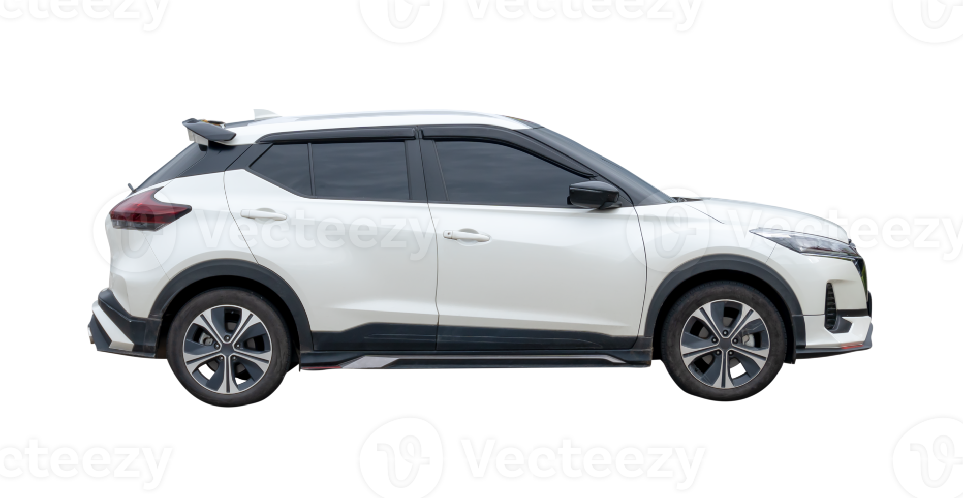 Side view of white hatchback car isolated with clipping path in file format png