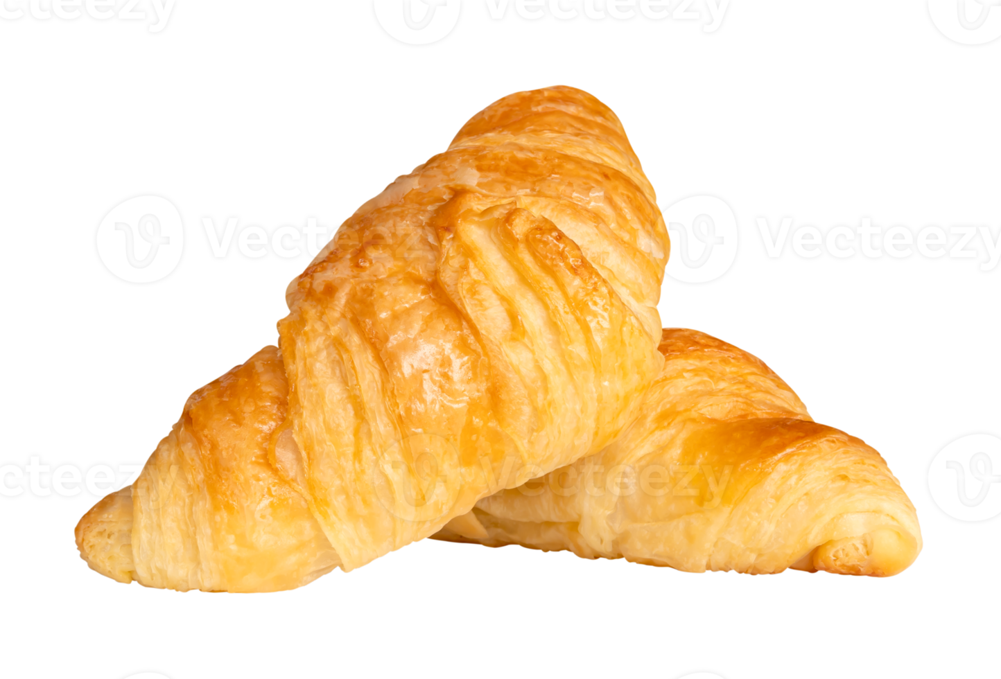 Side view of golden croissants in stack isolated with clipping path in file format png