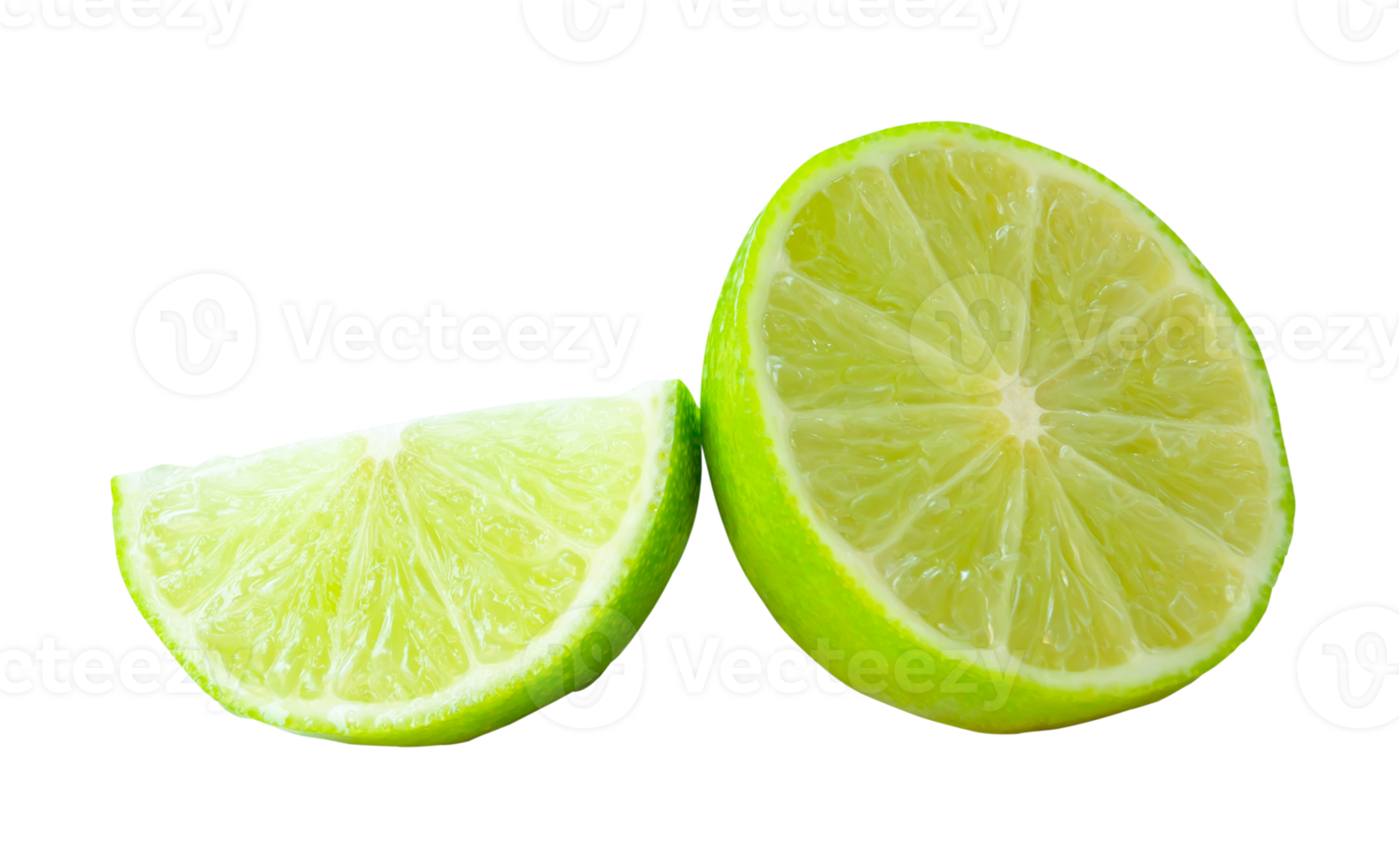 Front view of fresh green lemon fruit in half and slice or quarter isolated with clipping path in file format png