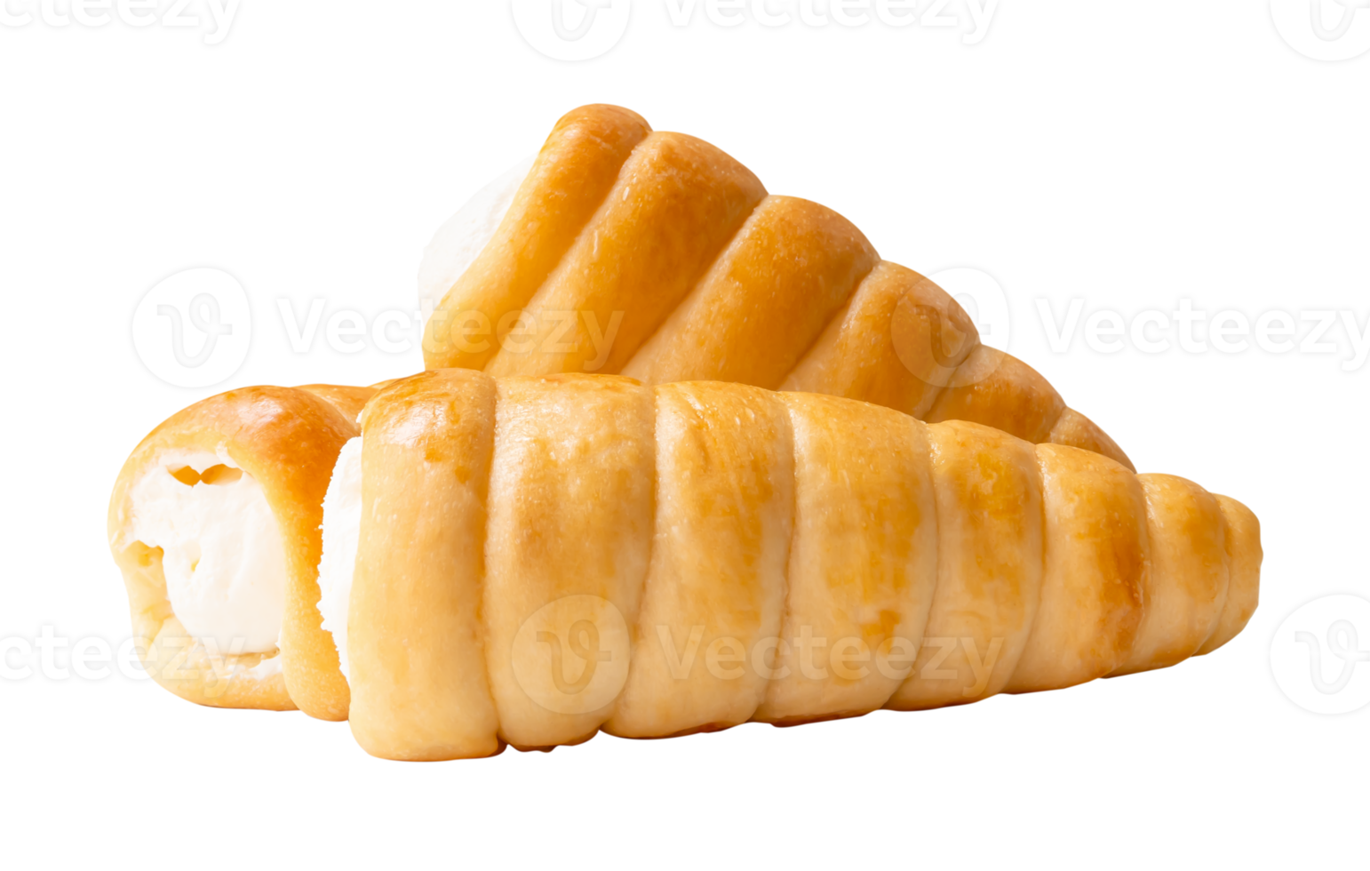 Side view of puff pastry cream horns in stack isolated with clipping path in file format png