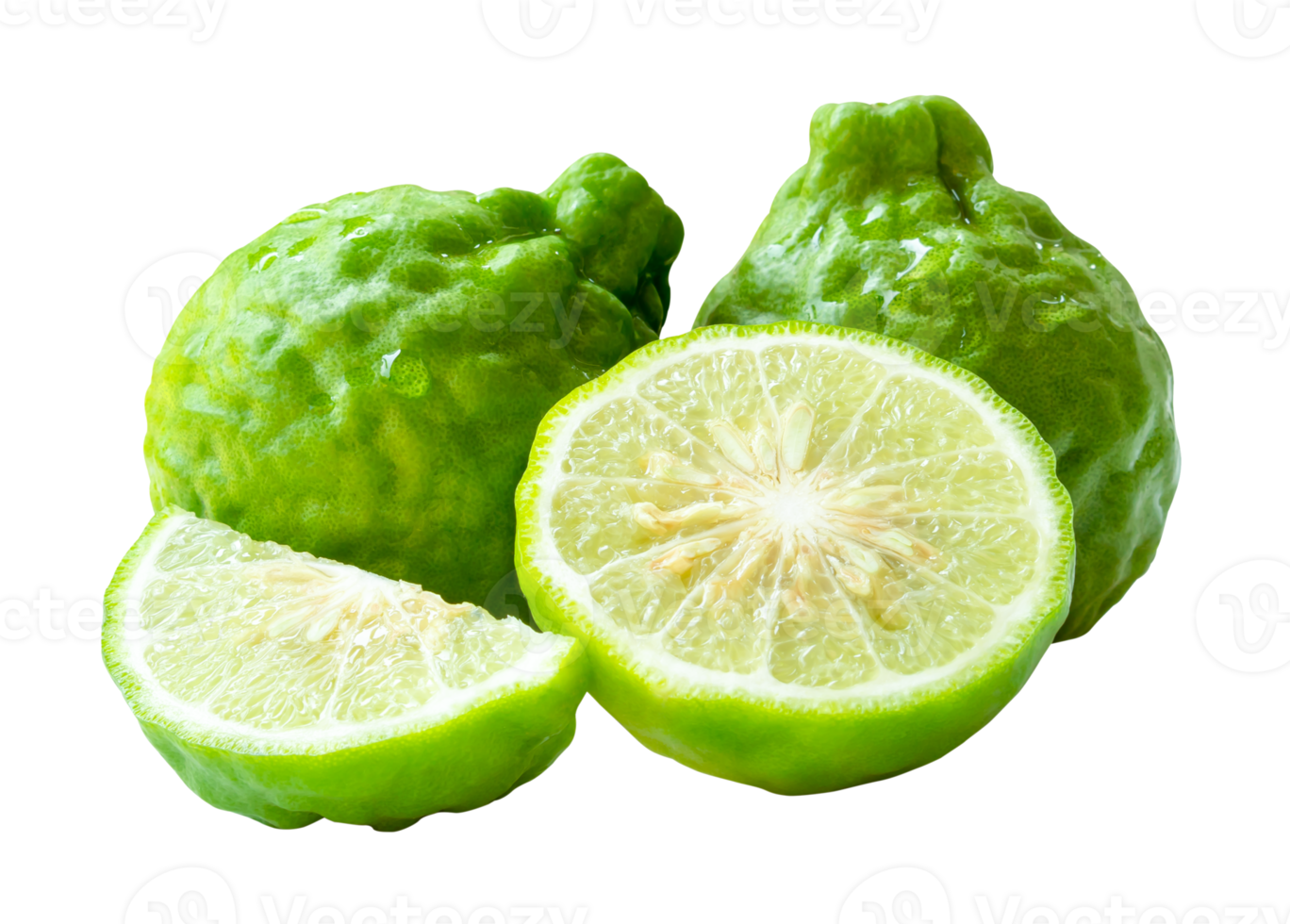 Front view of fresh green bergamot fruit with half and slice or quarter in stack isolated with clipping path in file format png