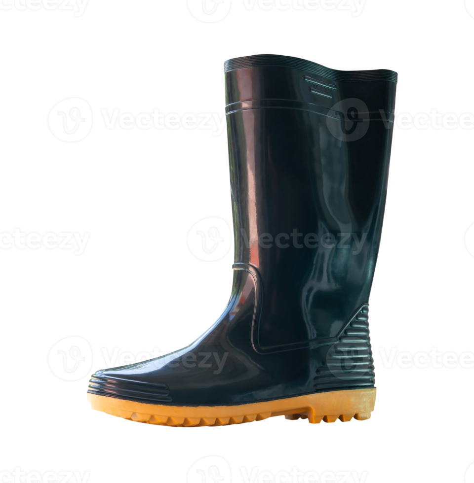 Side view of one side of black gumboots or rubber boots isolated in file format png