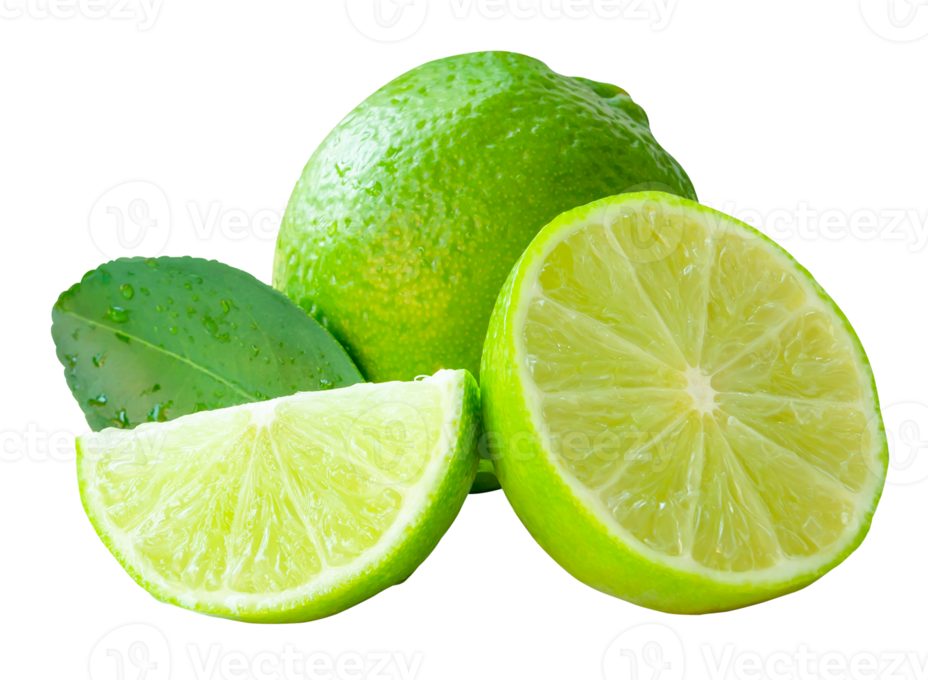 Front view of fresh green lemon fruit and half with slice or quarter and green leaf isolated with clipping path in file format png